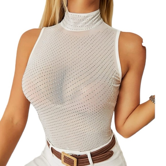 MAYFASEY sheer mesh high neck Long Sleeve rhinestone embellished bodysuit NWOT - Picture 1 of 8
